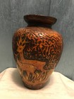 Vintage Primitive Pottery Etched deer Red Clay Vase Signed 10.25”T — photo 1