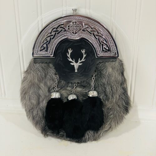Abito completo da uomo scozzese grigio antico nero pelliccia di coniglio kilt sporran cervo argento - Foto 1 di 10