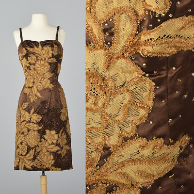 XS 1950s Brown Satin Dress Lace Applique Cocktail Evening Wiggle Pencil 50s  VTG | eBay