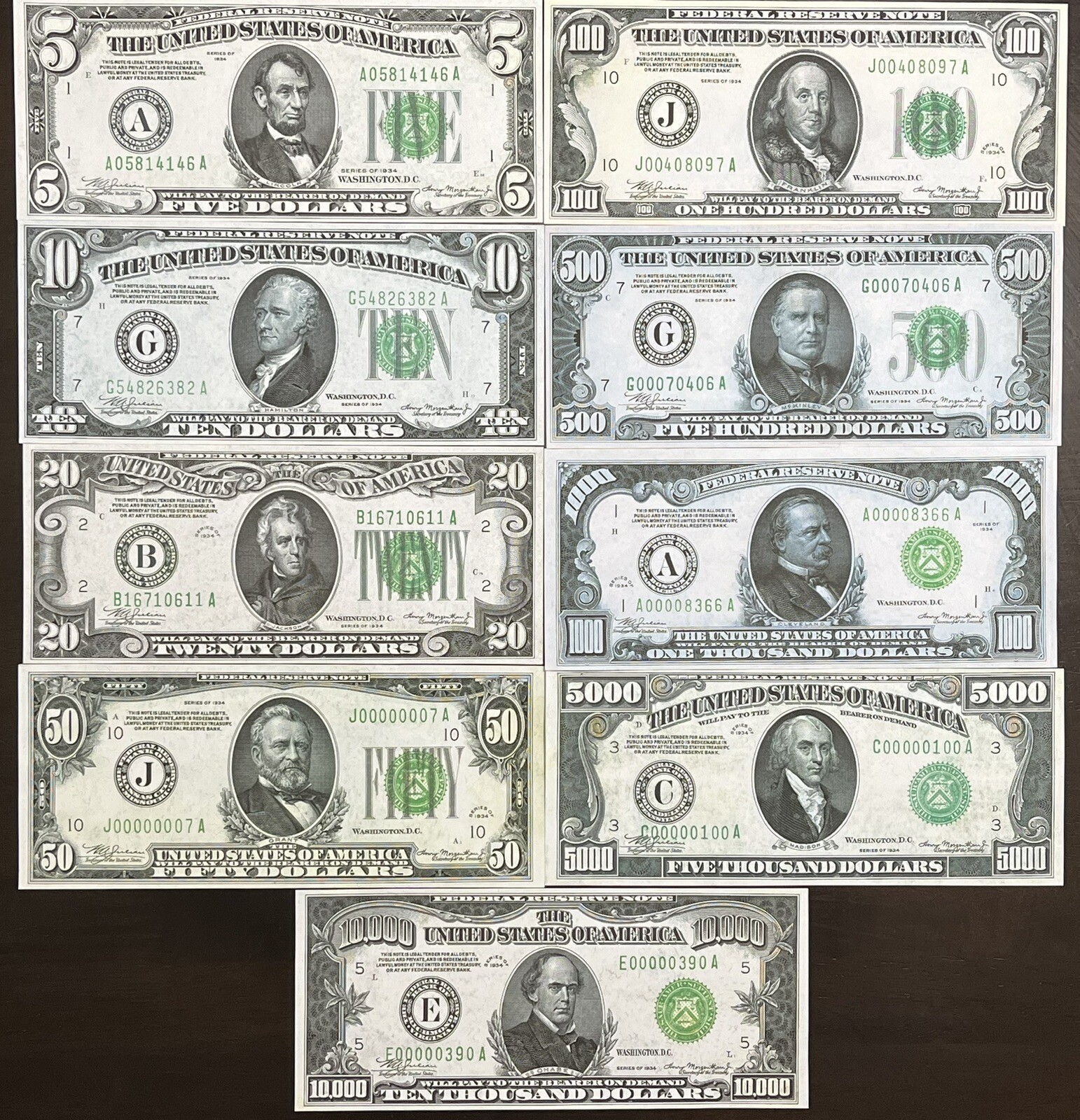 Reproduction 1934 Federal Reserve Notes $5 -$10,000 Set Read Description Below!!
