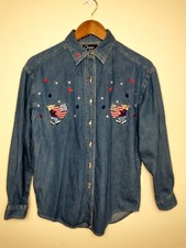 Vintage Lets Quizz Again Women's Denim Shirt Patriotic Bears Size S Embroidered