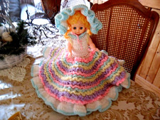 On SALE- Beautiful Vintage Doll Crocheted Dress-ruffled apron- Crocheted Bonnet