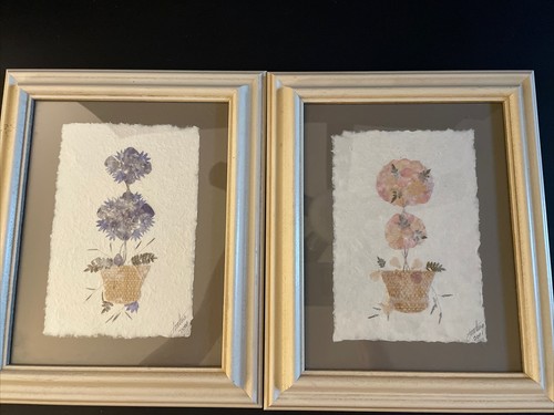 Original Art Work 2001 Vintage Handmade Paper Pressed Flowers Signed By Artist
