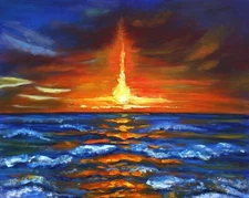 Original oil impasto painting Sunset at the sea palette knife contemporary art