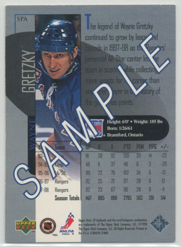Wayne Gretzky 1998-99 SP Authentic SAMPLE Hockey Card #SPA New York Rangers - Picture 2 of 2