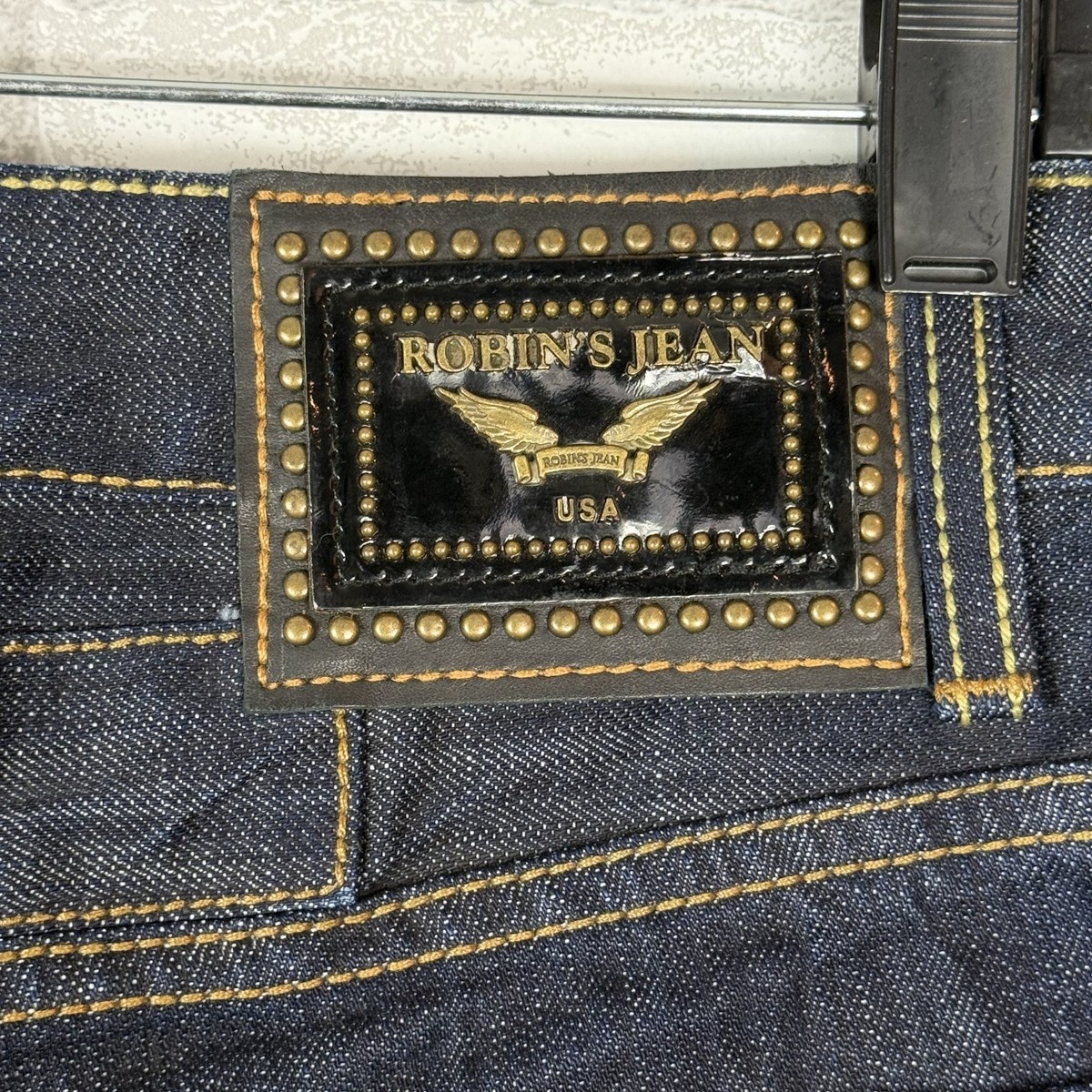 ROBIN'S JEANS Men's Leather Chevron Raw Denim Dark Blue Jean Jeans