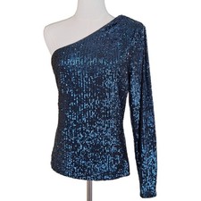 White House Black Market Blue Sequin One-Shoulder Top Large Party Glam Night Out