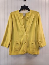 L.L Bean Women's Lemon Yellow Cotton Knit Cardigan Sweater 3/4 Sleeve Size XL
