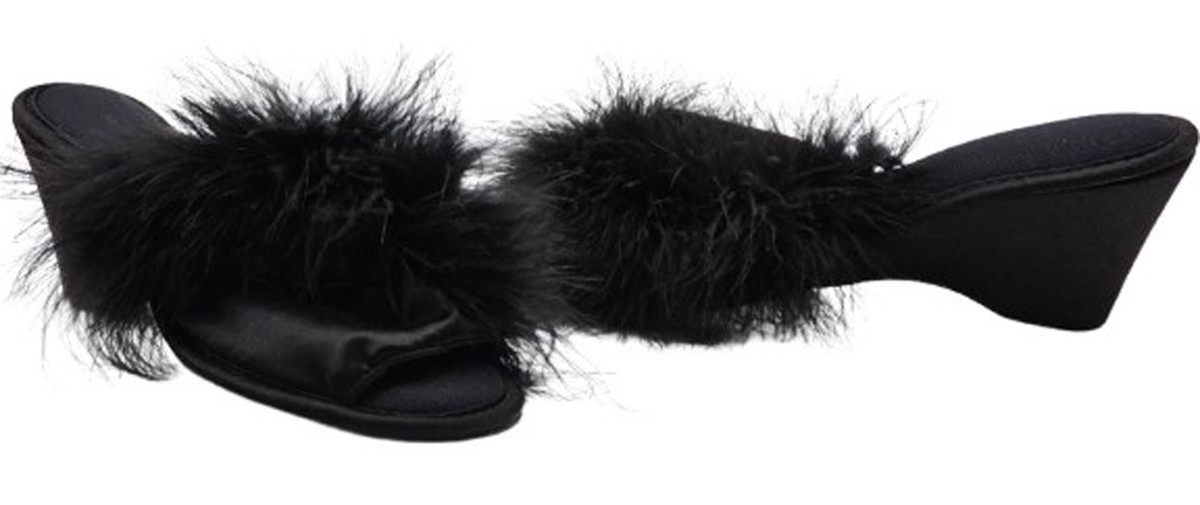 VINTAGE BLACK MARABOU FEATHER BEDROOM SLIPPERS SATIN MULES WITH