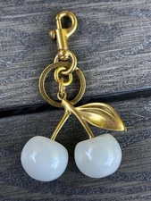 🤍 White Cherry Bag Charm Keychain – Coach-Inspired – Gold Metal & Resin 🍒🍒