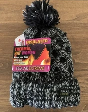 Polar Extreme Gray Black Knit Insulated Thermal Beanie Hat Pom-Pom Fleece Lined