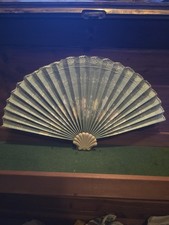 Vintage Hand Fan with Floral Embroidery  Shell Carving - Elegant Collectible