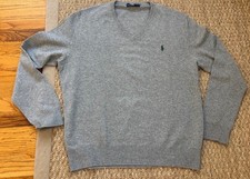 Polo Ralph Lauren Merino Wool V Neck Sweater Mens Large Gray Knit Pullover