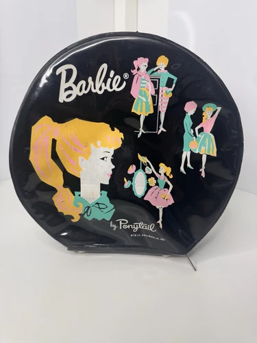 Mattel Round Barbie by Ponytail 1962 Hat Box Carrying Case Black Original Vtg