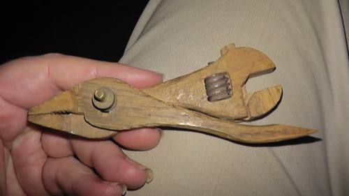handmade oak wooden wood tool adjustable wrench pliers vintage antique folk art