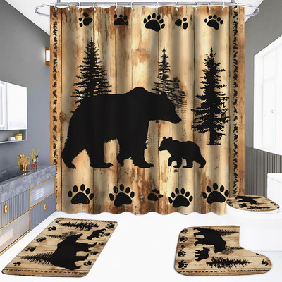 4 Pieces Rustic Bear Shower Curtain for Cabin Bathroom Forest Woodland Nursery B
