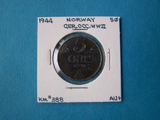 NORWAY COINS 1944 YEAR 5 ORE NICE COPPER NICKEL COIN.