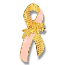 Vintage Avon Gold Tone Pink Ribbon Rose Breast Cancer Awareness Brooch Pin