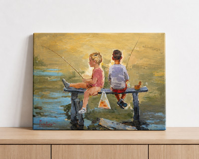 Original Oil Painting Children Fishing on Pier by Dmitry Makovetsky
