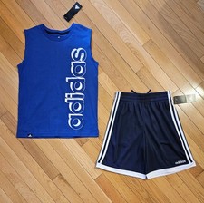 NEW ADIDAS Youth Big Boy Tank Top  Drawstring Short Set, Blue YS 