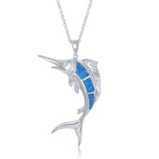 Sterling Silver Blue Opal Marlin Fish Pendant Chain Necklace 18"