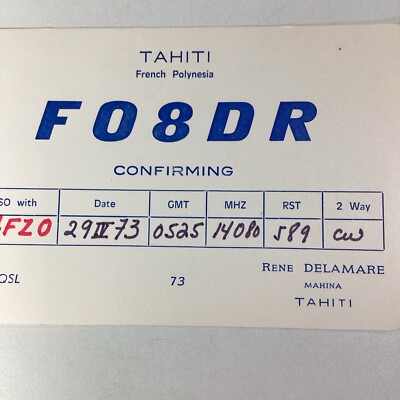 Tahiti QSL Radio Card 1973 Rene Delamare French Polynesia Mahina