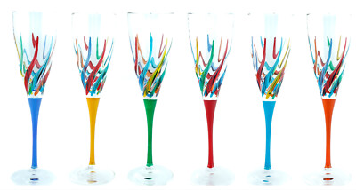 6er Set Murano Champagner Weinglas handbemalt mehrere gemischte Stiele