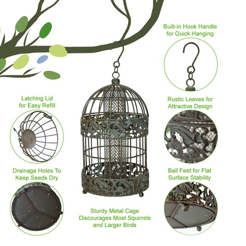 13 in. Tall Rustic Metal Squirrel Proof Caged Bird Feeder - Picture 4 of 8