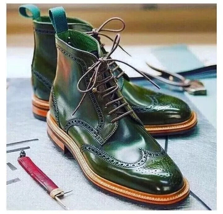 Bespoke Handmade Men Green Leather Formal Derby Dress five laces Shoes
