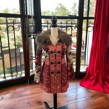 Anthropologie Elevenses Karelia Coat Women Faux Fur Collar Velvet Floral Size 8