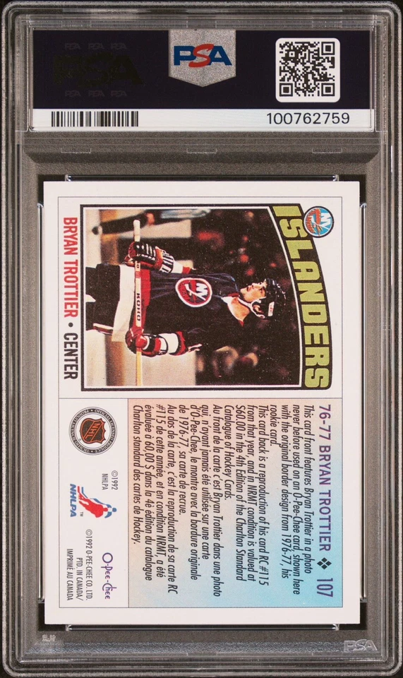1992 O-PEE-CHEE 1976 RC STYLE BRYAN TROTTIER #107 PSA 9 MINT HOF ISLANDERS - Image 2 of 2