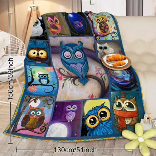 50"x60"Cozy Warm Moon Owl Flannel Fleece Throw Blanket Cute Night Owl for Lovers - Picture 2 of 10