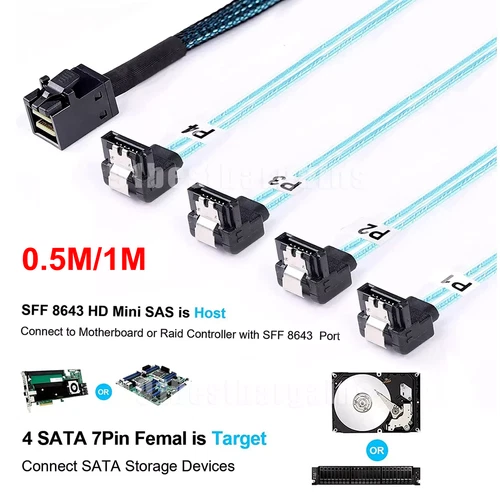 Mini SAS SFF-8643 to 4xSATA 90 Degree Angle Target Hard Disk Data Cable 0.5/1M