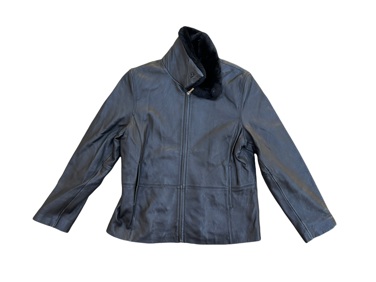rokh】dark-navy eco-FUR×lamb leather コート