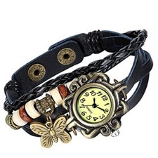 Women's Braided Leather Straps Butterfly Charm Bracelet Bangle Watches Quartz