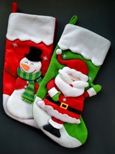 Set of 2 Christmas Stockings Fleece Felt 3D Santa Snowman Green Red New no tags