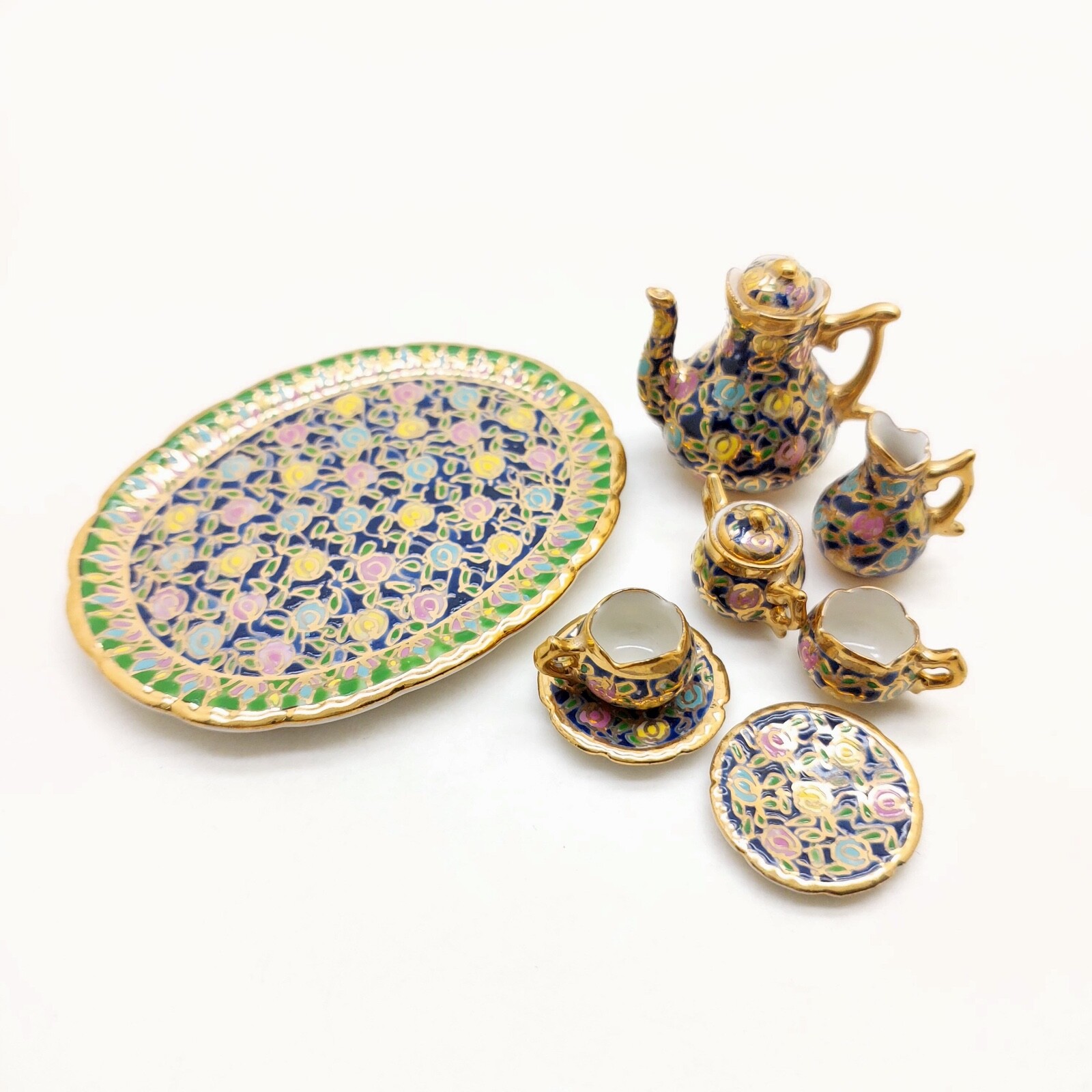 Authentic Thai Benjarong Patterned Ceramic Miniature Coffee and Teapot