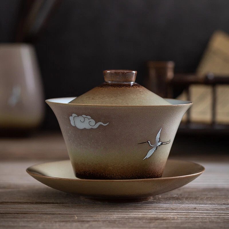 Старинный стиль Gaiwan сырой керамики диафрагмы кран печати китайский покрытый чаша коврик - Изображение 2 из 4