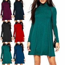Ladies Womens Polo High Franki Flared Long Sleeve Neck Turtle Swing Skater Dress
