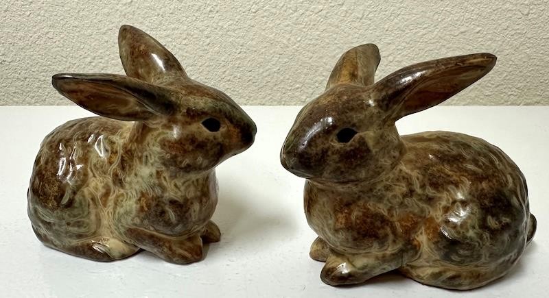 Vintage 2 Ceramic Brown Bunny Rabbits Japan Figurines 1970s Relief Pattern