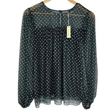 NWT $98 Max Studio Semi Sheer Long Sleeve Mesh Peasant Blouse Top Black Ivory S