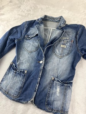 Dsquared2 Blazer Womens L Blue Denim Dungaree Distressed Jacket Made in ITALY