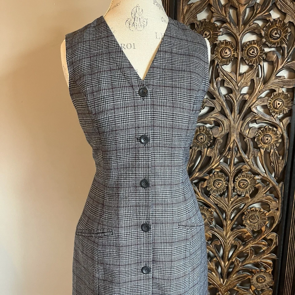 Vestido Jersey Vintage Años 90 Cuadros Botón Frontal Talla 10 Academia Preppy Grunge Foto 3 de 4