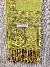 Pashmina Silk Blend Scarf Green Paisley Paris Eiffel Wrap Shawl Fringe Travel