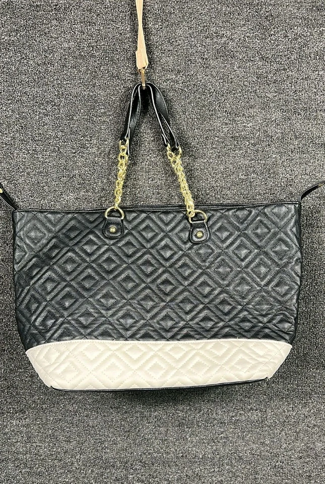 Betsey Johnson Snap Trap Tote With Pouch Shoulder Bag Black White Faux Leather - Image 2 of 4