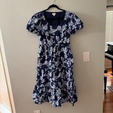 J. Crew Factory Cotton Puffed Sleeve Midi Dress Blue Floral Womens 10 Scoop Neck