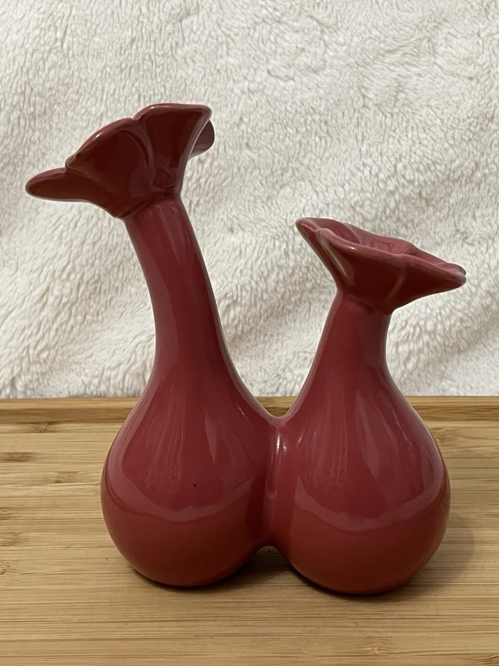 VTG Pink Maroon Double Bulb Ceramic Double Stem Floral Bud Vase 6.25” - Image 3 of 4
