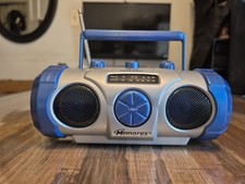 Memorex Mini 7.5  Boombox AM/FM Radio with Flashlight 349 Blue Silver Tested 