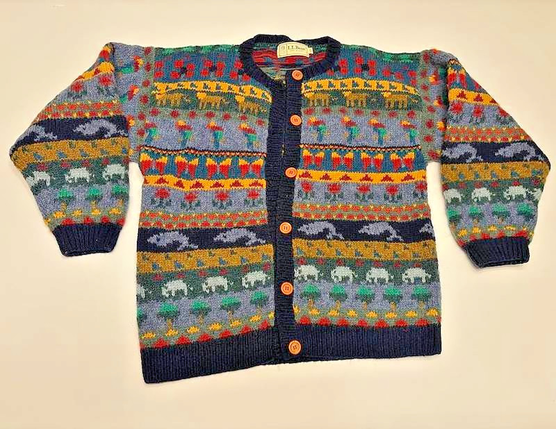 A rare 90s LL Bean animal-motif wool cardigan that hits the holy trifecta: vintage, cozy, and cottagecore-perfect — the kind of piece that sells out on Depop in minutes.