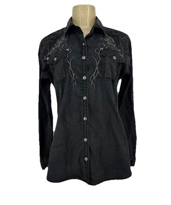 Passion To Roar Large Women Button Up Shirt Embroidered Goth Western Rodeo Y100